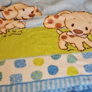 2 Plush Baby Blanket with Playful Puppy Print - Blue & Green